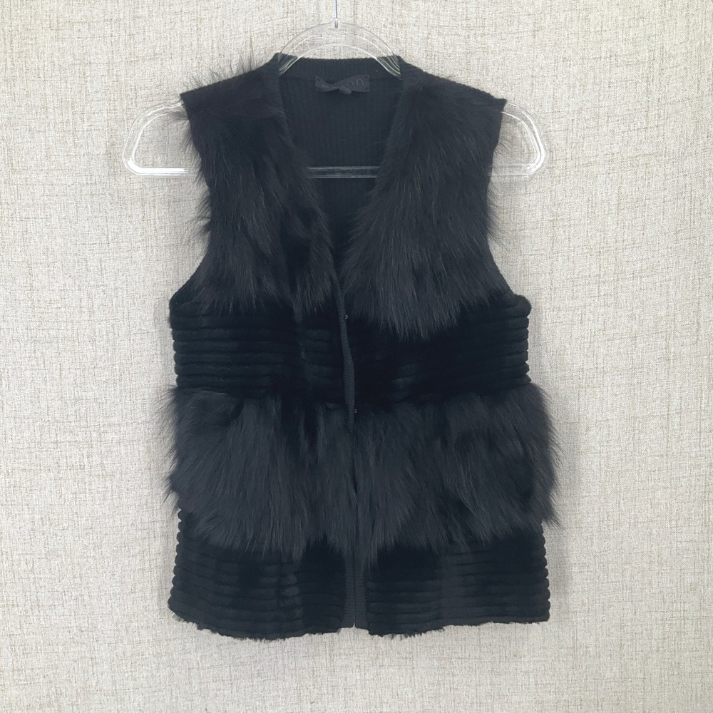 Mob Wife Fur Vest Womens XS Black Wool Cashmere Real Fox Trim Luxury Ribbed Knit